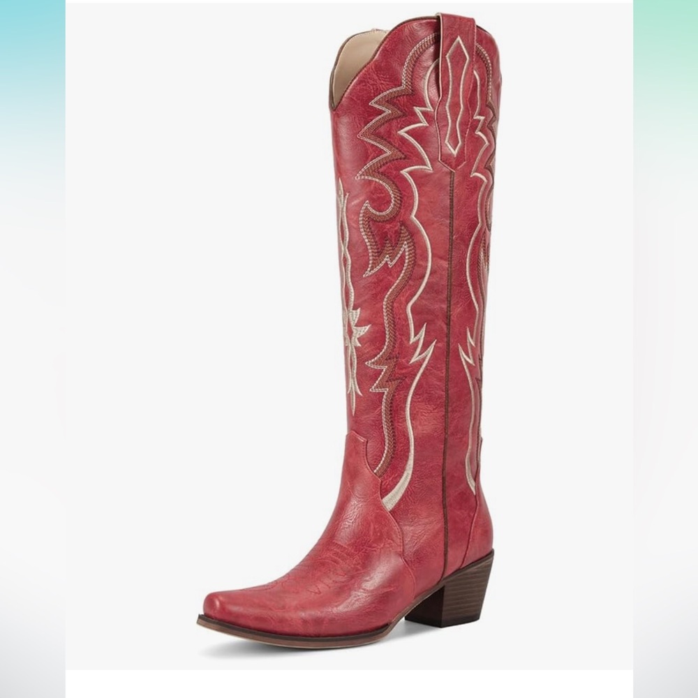 wetkiss Red Cowboy Boots for Women Knee High Cowgirl